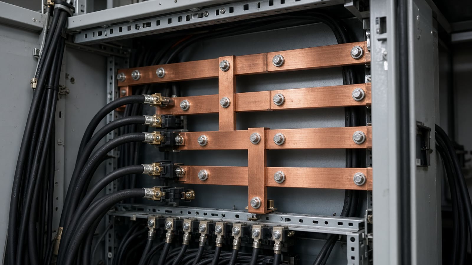 An open cabinet with copper busbars and black cables