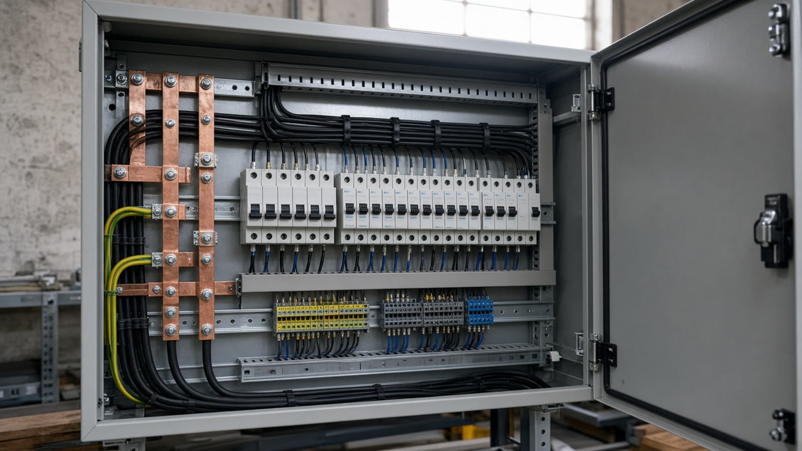 An open training cabinet with copper busbars and rows of breakers