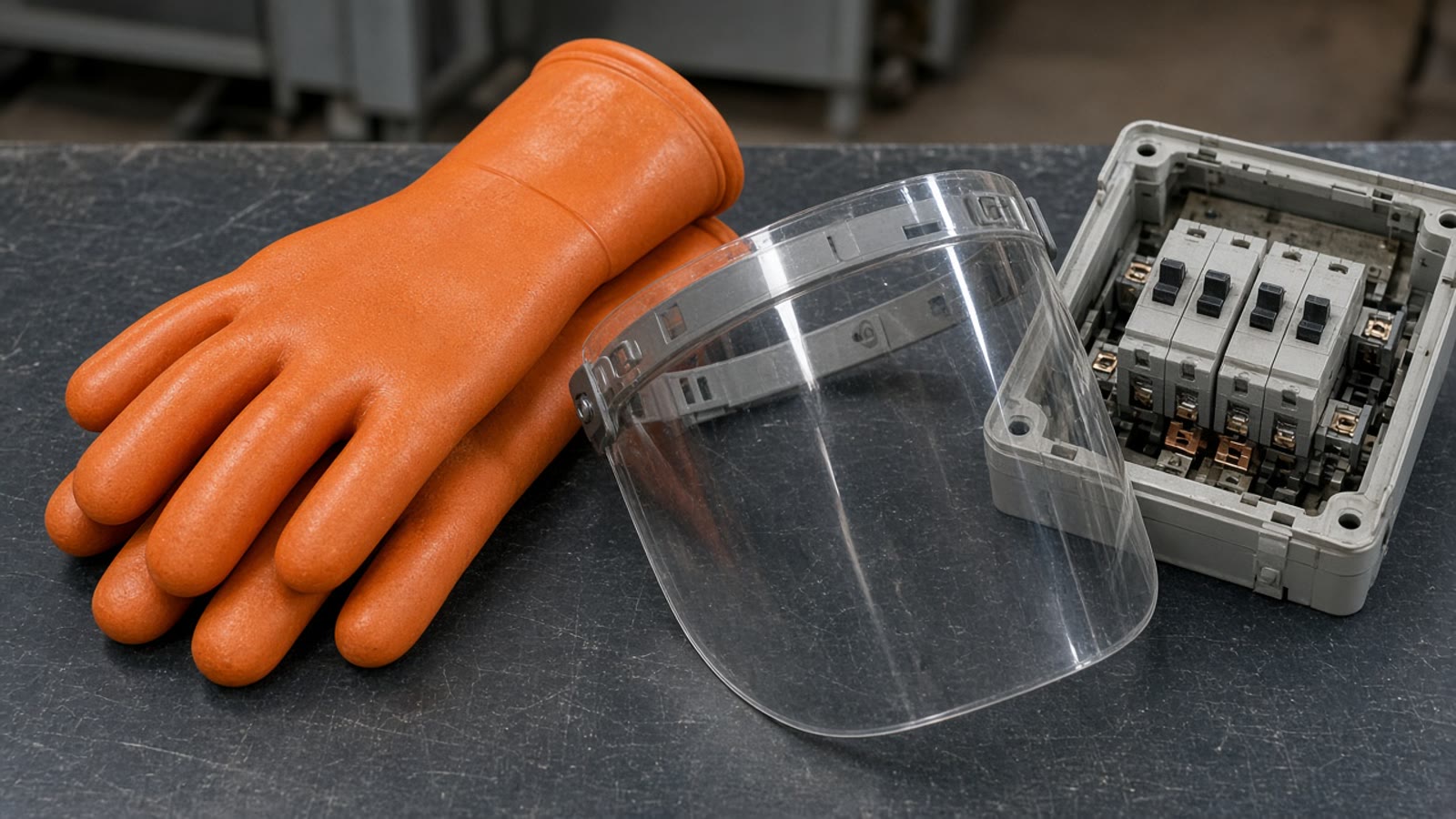 Insulating gloves and a face shield beside a small breaker box