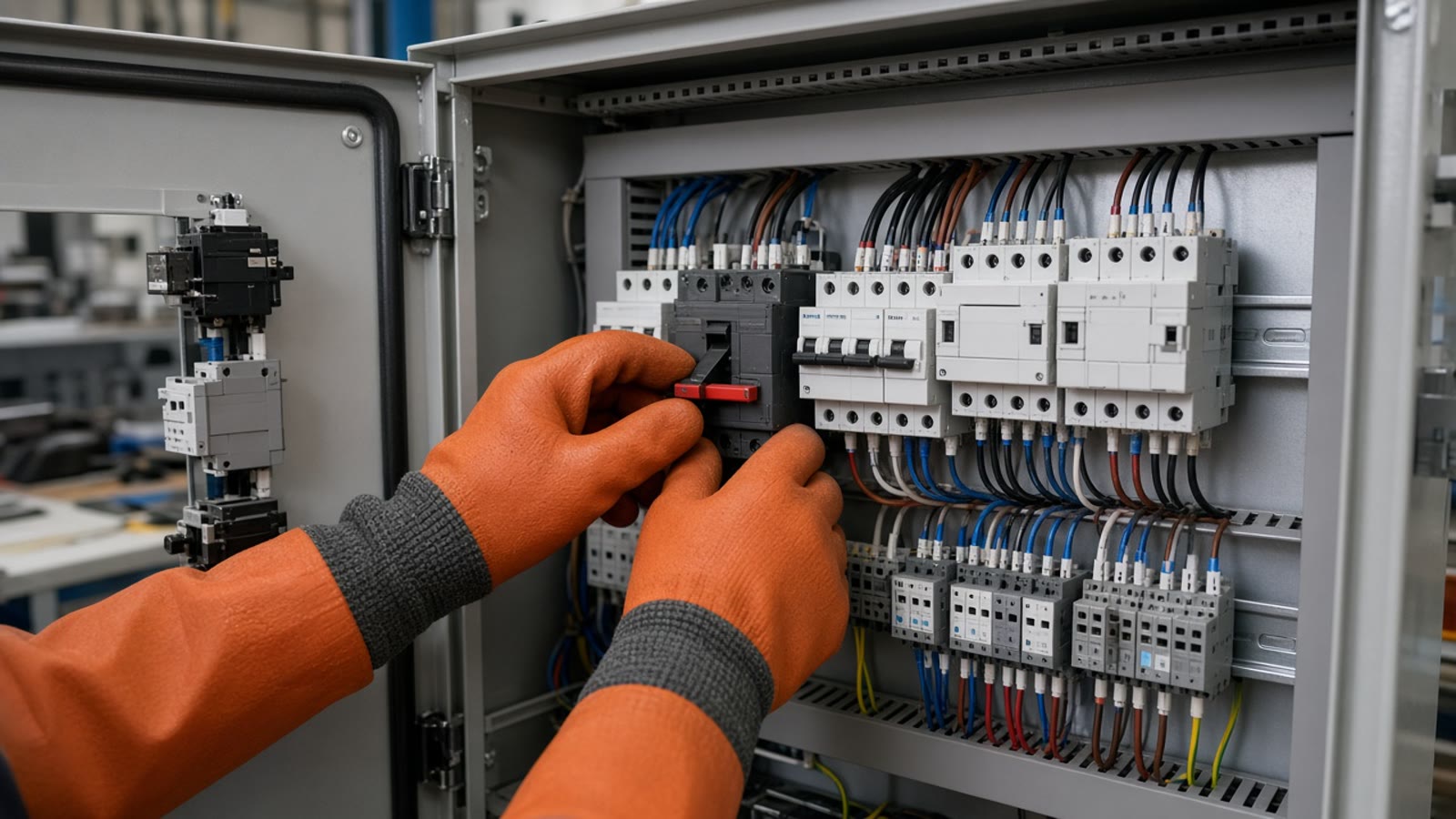 Gloved hands switching a breaker on a training cabinet