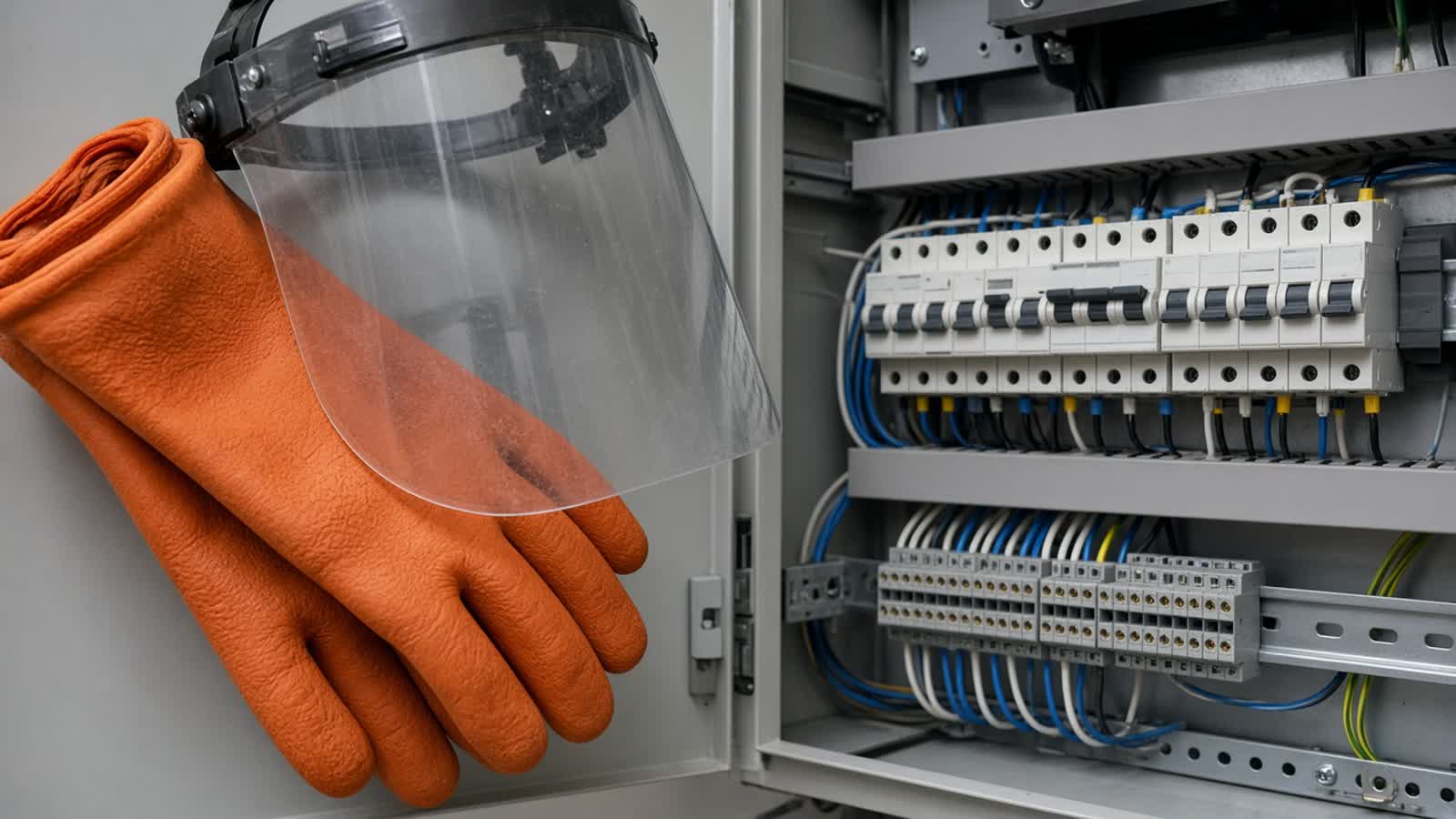 Insulating gloves and a face shield against a training panel