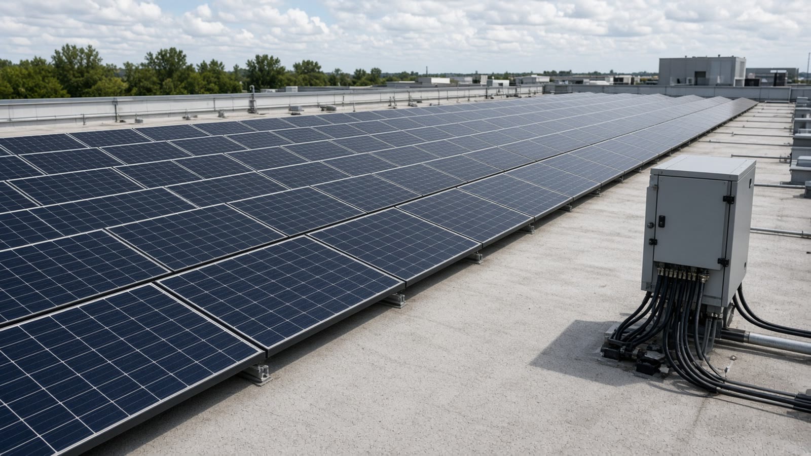 Photovoltaic modules and an inverter cabinet on a roof