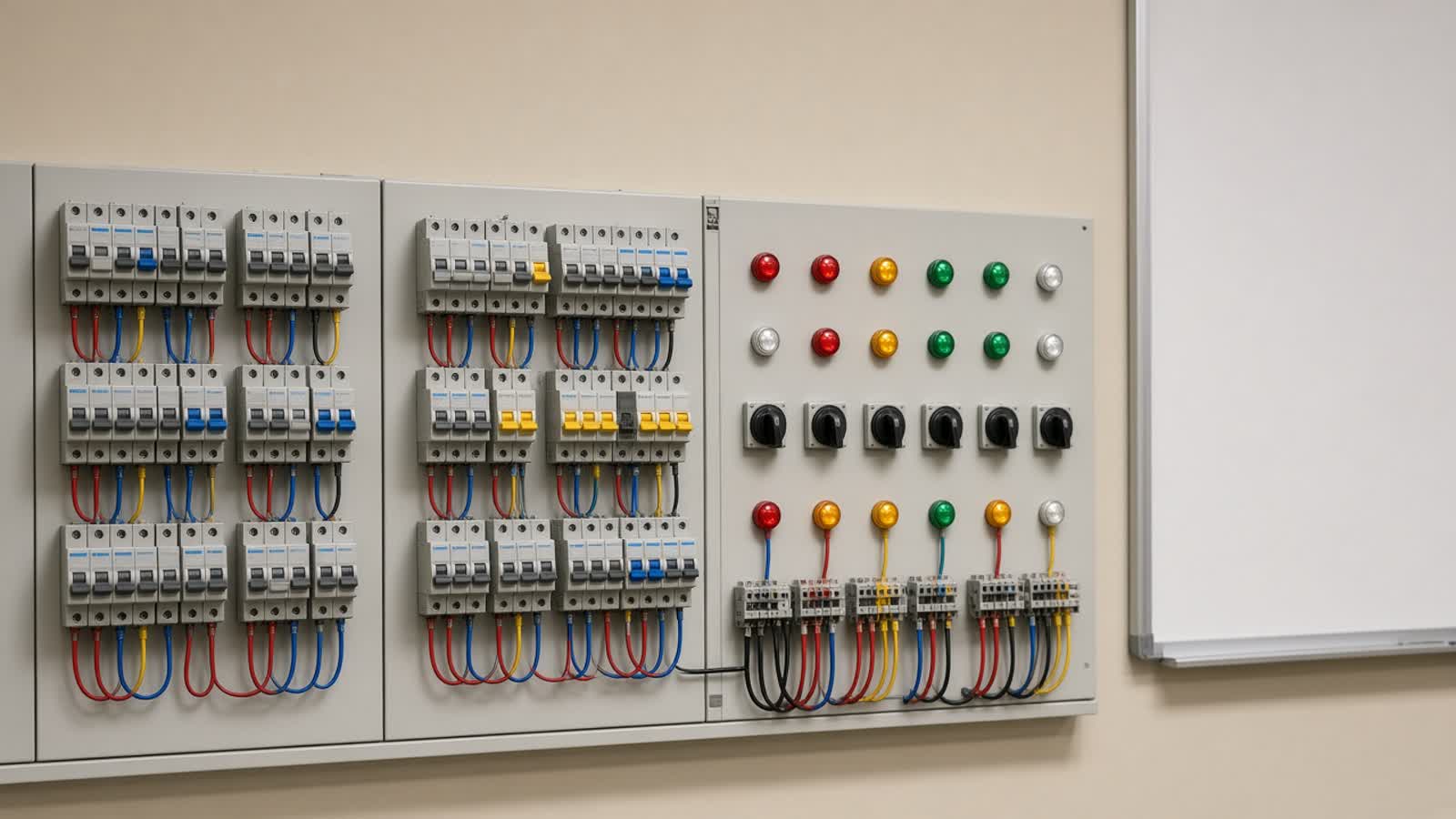 A wall practice panel in a classroom, closer than the room shot