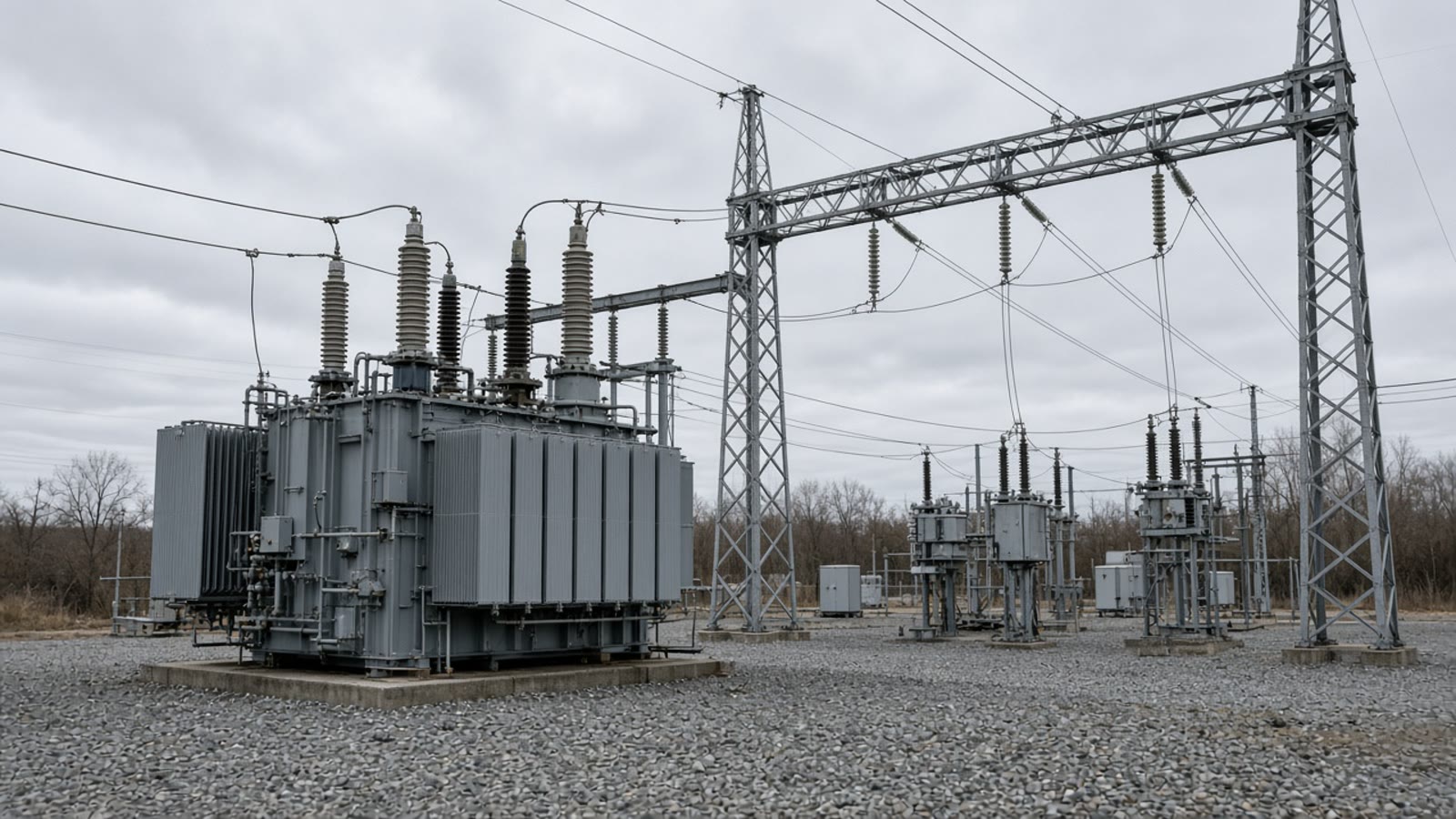 An outdoor transformer yard, with no name on the fence